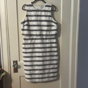 J. Crew dress.  White tweed with black stripes.  Great summer dress for office!
